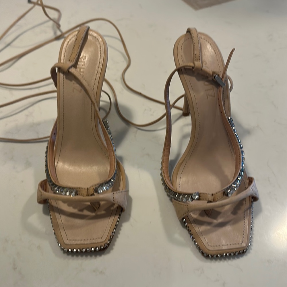 brand new nude schutz rhinestone wrap thong sandal heels